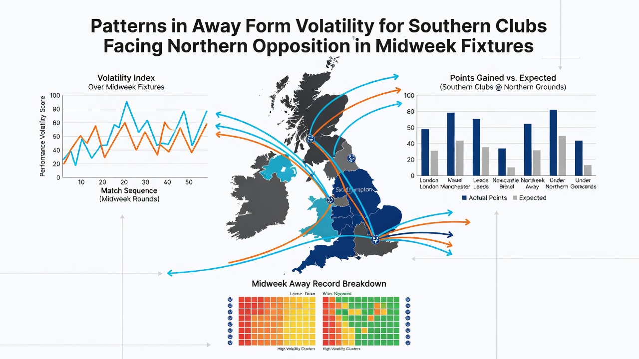 Performance data charts showing volatility in southern clubs away results against northern teams during midweek slots